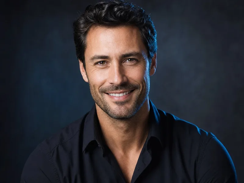 Retrato de un hombre sonriente con camisa negra
